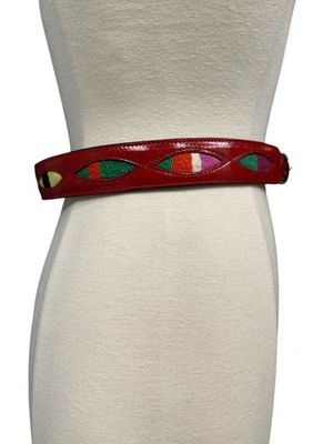 Винтажный лакированный красный кожаный пояс племени ацтеков Southwest - размер 28 - Изображение 1 из 4