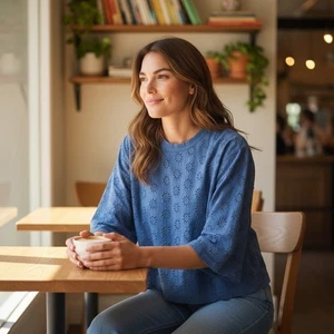 NUEVA Blusa Top Recortada Madewell Azul Ojales Algodón Bordado XXS Hecha en India - Imagen 1 de 7