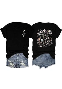 Women's - Large  Floral T Shirt Boho Wildflower Graphic Loose Tees Short - Picture 1 of 1