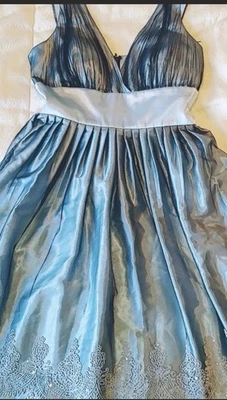 Formal Dress Aqua With Black Mesh Overlay And Rhinestones Sz 12 - Image 1 of 4