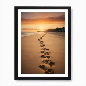 Footprints On The Beach At Sunset A Framed Wall Art Poster Canvas Print Picture - Picture 1 of 4