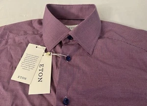 New With Tags Eton Slim Fit Twill Dark Pink Mini Check Shirt 38EU/15US $270.00 - Picture 1 of 21