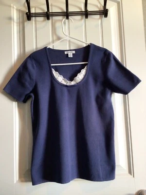 Suéter tejido Hampshire Studio para mujer azul medio manga corta mezcla de algodón Foto 1 de 4