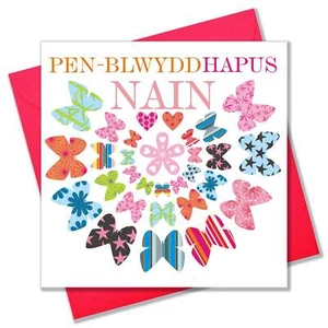 Walisische Oma Geburtstagskarte, Penblwydd Hapus Zwerg, rosa Schmetterlinge - Bild 1 von 2