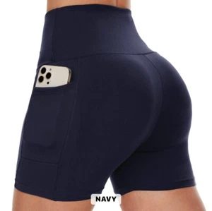 Women Yoga Shorts with Pockets Tummy Control Gym Workout Running Casual S-3XL - Picture 1 of 18
