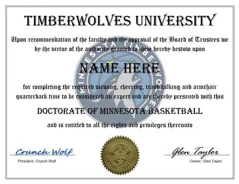 MINNESOTA TIMBERWOLVES PERSONALIZED FAN DIPLOMA, GREAT GIFT Cover