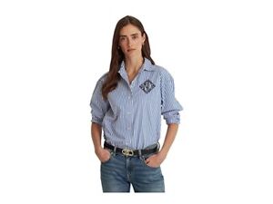MSRP $90 Ralph Lauren Striped Logo Cotton Broadcloth Shirt Blue Size Small