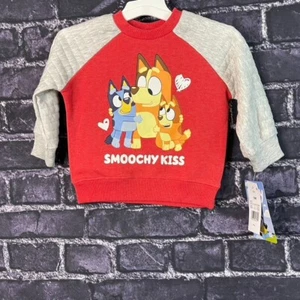 Bluey Boy's 12 Months Sweatshirt SMOOCHY KISS Red Gray Heart Bluey Bingo Chilli - Picture 1 of 10