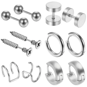 6 Pairs Men Women Screw Barbell Stud Hoops Earrings Set Stainless Steel Clip-on - Picture 1 of 26