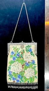 Antique 1920s Micro Beaded Bag - Blue Flowers ~ Hydrangeas Floral w Fringe - Picture 1 of 6