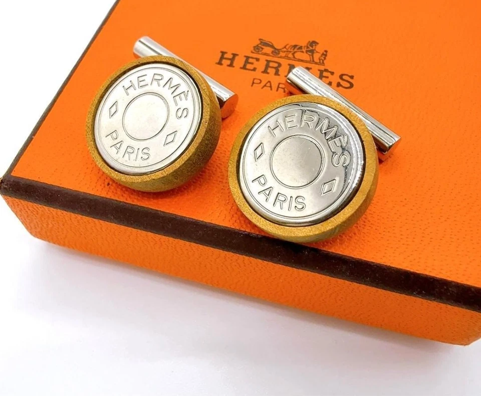 Gemelos HERMES Serie Plata Cadena Redonda Madera Metal Con Caja Foto 1 de 4