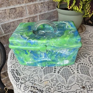 Valigetta Caboodles vintage con vassoio verde blu marmo bianco con specchio - Foto 1 di 6