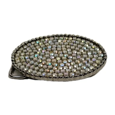 Womens Silver Hammered Belt Buckle With Rhinestone Studded Oval Shape 2x3 - Image 1 of 4