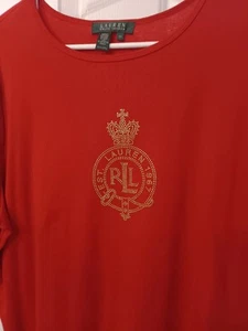 LAUREN RALPH LAUREN~~red~short slv~TOP with GOLD RHINESTONE LOGO~bling! EUC~2X - Picture 1 of 4