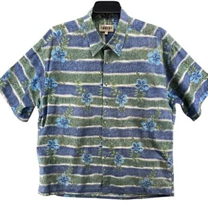 Camisa CAMPIA MODA Para Hombre Talla L HAWAIANA ALOHA Flores Rayas Azul Verde Algodón - Imagen 1 de 11