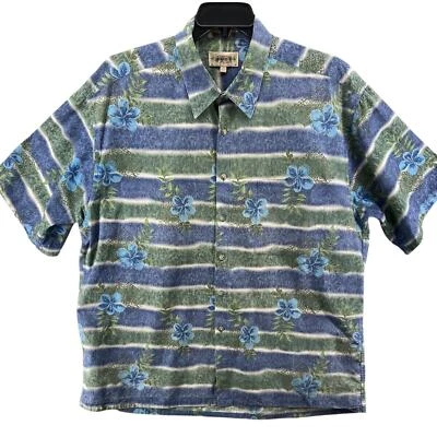 CAMPIA MODA Shirt Mens Sz L HAWAIIAN ALOHA Flowers Stripe Blue Green Cotton - Image 1 of 4