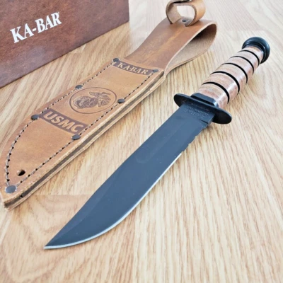 Cuchillo fijo KABAR USMC corto 5,25" 1095 hoja de acero mango de cuero apilado 1252 Foto 1 de 4
