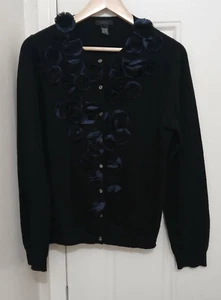 J crew collection womens large cashmere silk cardigan sweater black blue flower - Picture 1 of 6