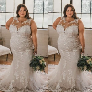 Mermaid Plus Size Wedding Dress Sweep Train Scoop Neck Lace Applique Bridal Gown - Picture 1 of 15