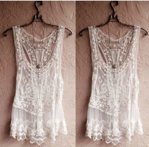 L New Ethereal Crochet Lace Racerback Tank Top Sexy Blouse Shirt Women's LARGE - Picture 1 of 8