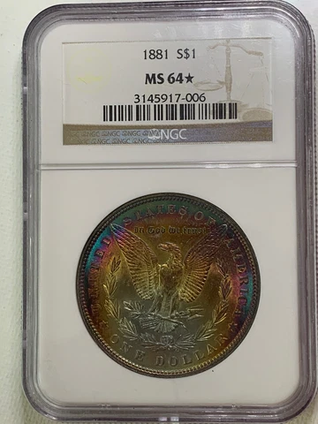 Rare Symetrical Rainbow Toned Morgan Silver Dollar 1881-S MS64* Cover