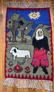Kilim Sm RUG Mat Flat Weave Slit Weave Dog Woman Shepherd Vintage 38"L 19"W - Picture 1 of 7