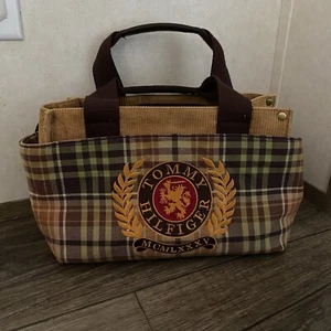 Tommy Hilfiger Vintage Handbag Brown Leather And Plaid /Corduroy Fabric - Picture 1 of 10