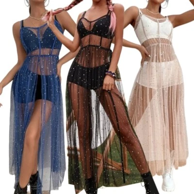 Women Sleeveless Sexy Sheer Mesh Star Sequins Split Long Dress Swimsuit Cover Up - Image 1 of 4