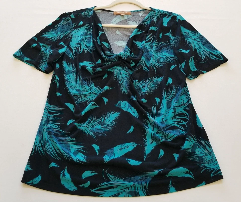 Top de mujer Ellen Tracy grande L negro verde azul plumas manga corta cuello capucha Foto 1 de 4