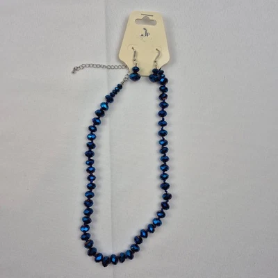 Conjunto de Pendientes Collar Cuentas Facetadas Azules De Colección 20" Cristal Vidrio Estilo Nuevo de Lote Antiguo Brillo Foto 1 de 4