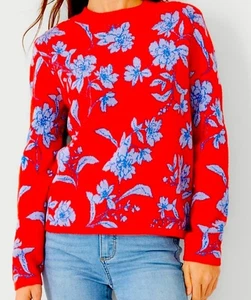 Ann Taylor Jacquard Pullover Blumen Winterpullover Rosa - Rot Blau Preppy Modern - Bild 1 von 9