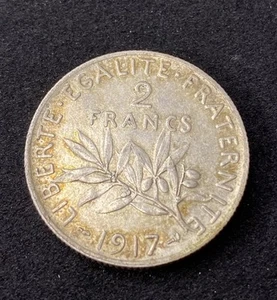1917 France 2 Francs 0.8350 Silver ASW 0.2685 Oz Free Shipping - Picture 1 of 2