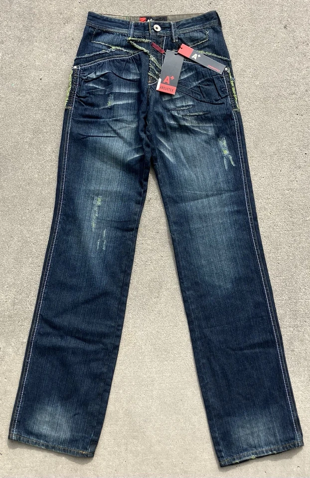 Pantalones de mezclilla desgastados con retazos para hombre 27 vintage lavado diseño único puntada gruesa Foto 1 de 4