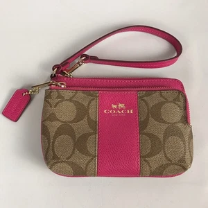 Coach Eckreißverschluss Kalbsleder Geldbörse Signatur Logo - Khaki PVC Canvas/Rosa Leder - Bild 1 von 9