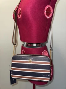 Tommy Hilfiger Crossbody Purse TH Logo Signature Bag Navy/Brown/White - Picture 1 of 7