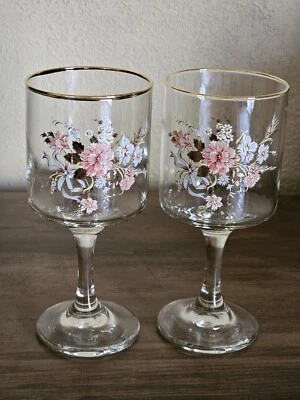 Vintage Hand painted Pink Floral Sherry/Wine/Dessert Cordial Glasses Gold Rim - Image 1 of 4