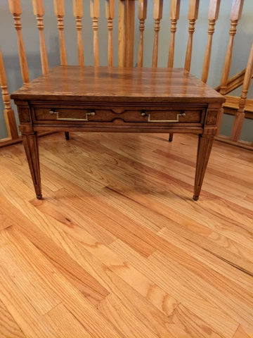 VINTAGE SQUARE COFFEE TABLE MAHOGANY AND BURLWOOD EDGE WITH DRAWER Cover