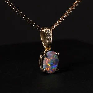 14ct Gold Lightning Ridge Australian Black Opal Doublet Diamond Pendant Rainbow - Picture 1 of 13