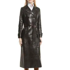 Damen Lammleder Leder Langer Trenchcoat Mantel Zweireiher Stylisch Schwarz - Bild 1 von 7