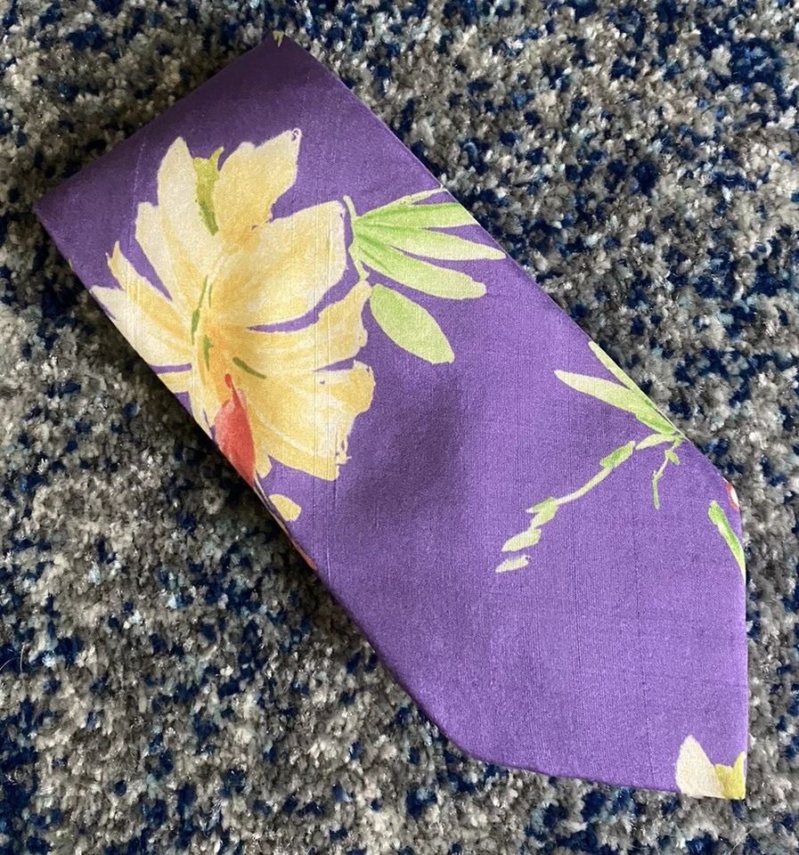 Corbata Ralph Lauren Etiqueta Púrpura Amarillo Verde Coral Negro Tropical Floral Foto 1 de 4