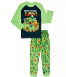 MINECRAFT Pajamas Boys 8 NeW L/S Shirt Pants Creeper Pjs 2 Piece Set Steve - Picture 1 of 5