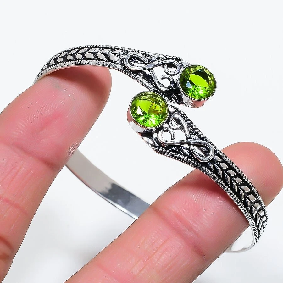 Green Peridot Gemstone Handmade 925 Sterling Silver Jewelry Bangle Sz 7-8" - Image 1 of 1