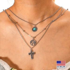 Fashion Women Layered Necklace Retro Ethnic Turquoise Earth Cross Pendant 1425 - Picture 1 of 4