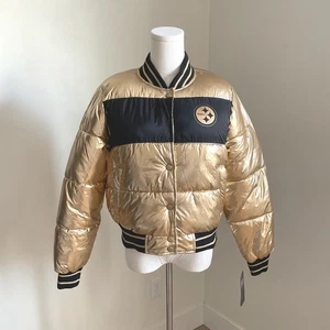 NFL Pittsburgh Steelers G-III Apparel Gold Puffer Bomber Jacket Womens SMALL NWT - Picture 1 of 11