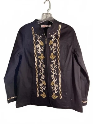Quacker Factory Elegant Black Embroidered Jacket with Floral Design M - Image 1 of 4