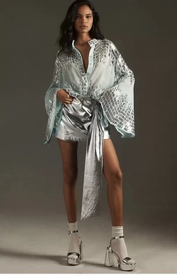 Anthropologie Let Me Be Sky Blue  Sequined Longsleeve Button Down blouse - Image 1 of 4