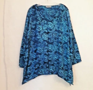 Soft Surroundings Blue Batik Tortuga Tunic Top Size 2X V-Neck Pullover Rayon - Picture 1 of 4
