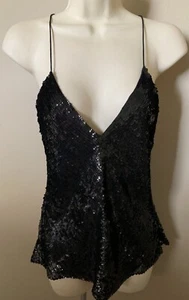 CITY DKNY Black Sequins All Over OCCASION TOP 8 Sexy Silk Lined SPAGHETTI STRAPS - Picture 1 of 3