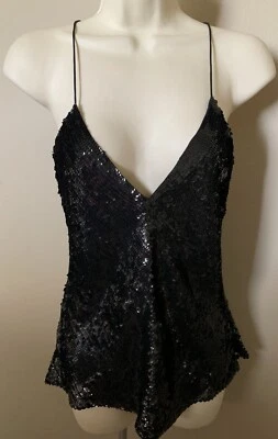 CITY DKNY 黑色亮片 OCCASION TOP 8 性感丝绸内衬 SPAGHETTI STRAPS — 第 1/3 张图片