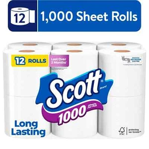 Scott 1000 Toilet Paper, 12 Rolls, 1,000 Sheets per Roll - Picture 1 of 10
